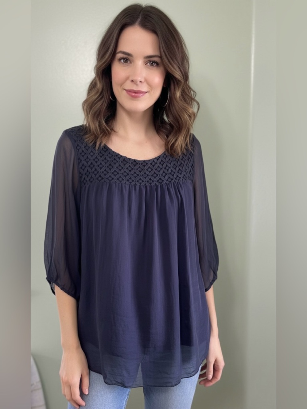 Cosmo 100% Silk Women's Navy Crochet Yoke  Blouse Blue size M